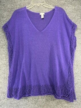 Chico's Linen Blend Crochet-Trim Sweater Tunic V-Neck Purple